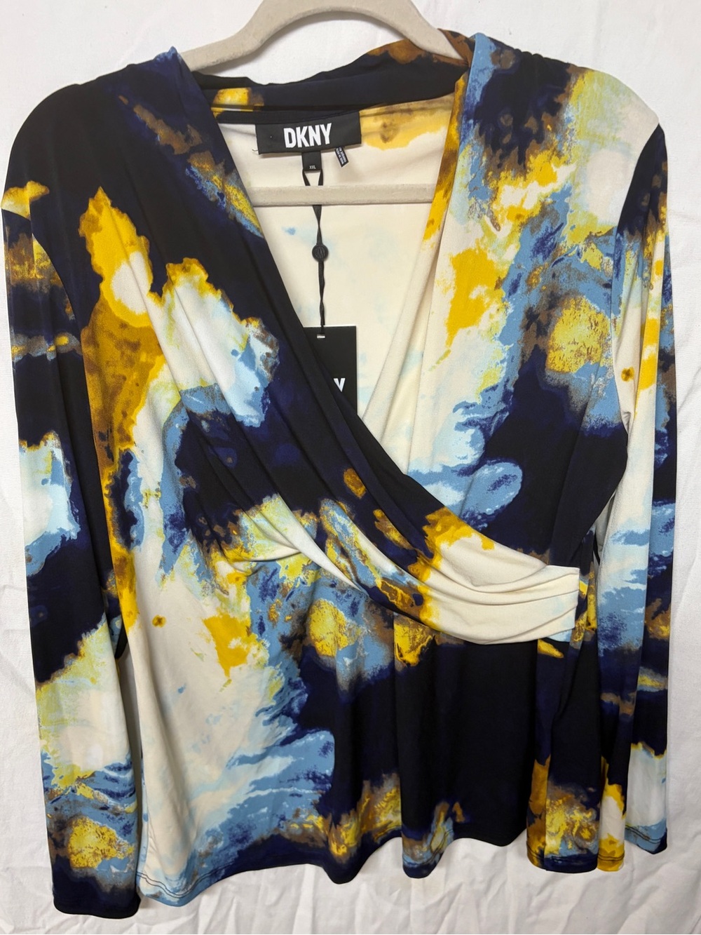 DKNY Women's Abstract Print Wrap-Front Top. Blue, Yellow, White